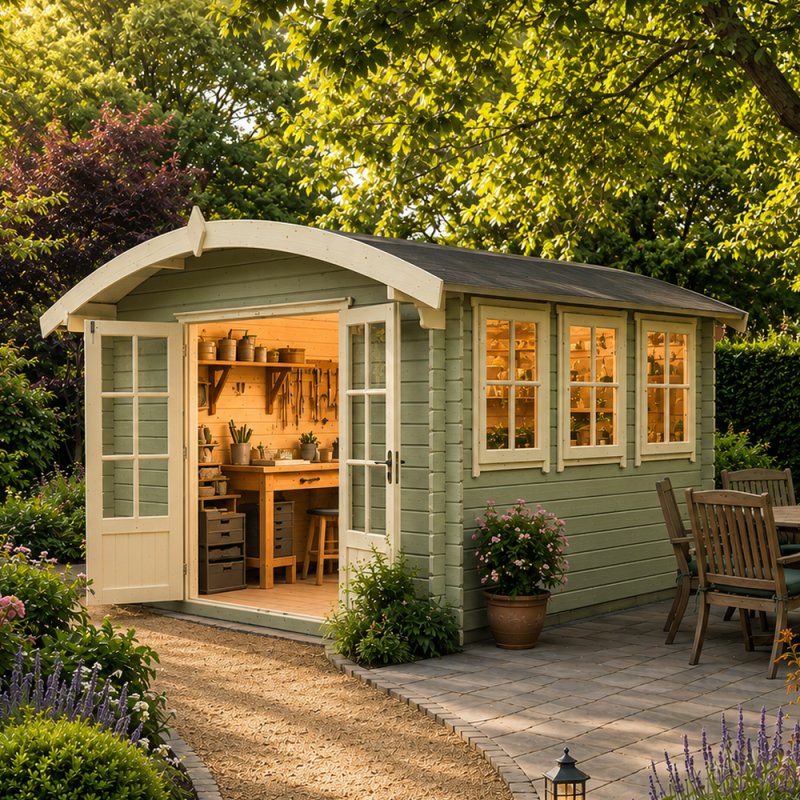 Exterior view of the sage green Shire Kilburn log cabin with a curved roof, open double doors revealing an illuminated workshop interior, and a paved patio area.