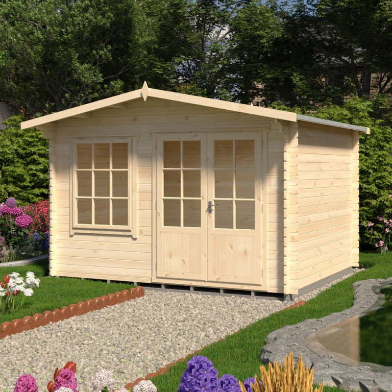 12Gx10 Shire Hale Log Cabin (28mm Logs) - in situ, angle view