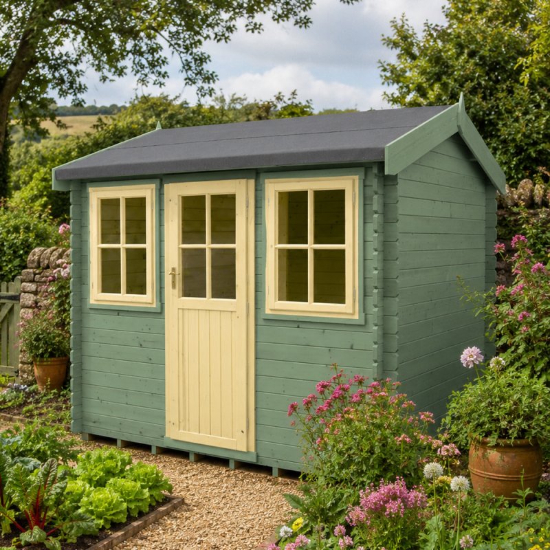 Exterior view of the green Shire Hemsted log cabin featuring a cream-colored single door flanked by multi-pane windows, situated in a garden setting surrounded by plants and flowers.