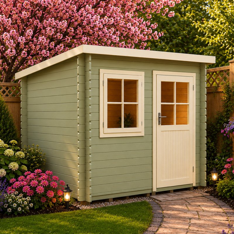 Exterior view of the sage green Shire Dean log cabin with a closed half-glazed single door and front window, set in a landscaped garden with pink blossom trees and a stone pathway.