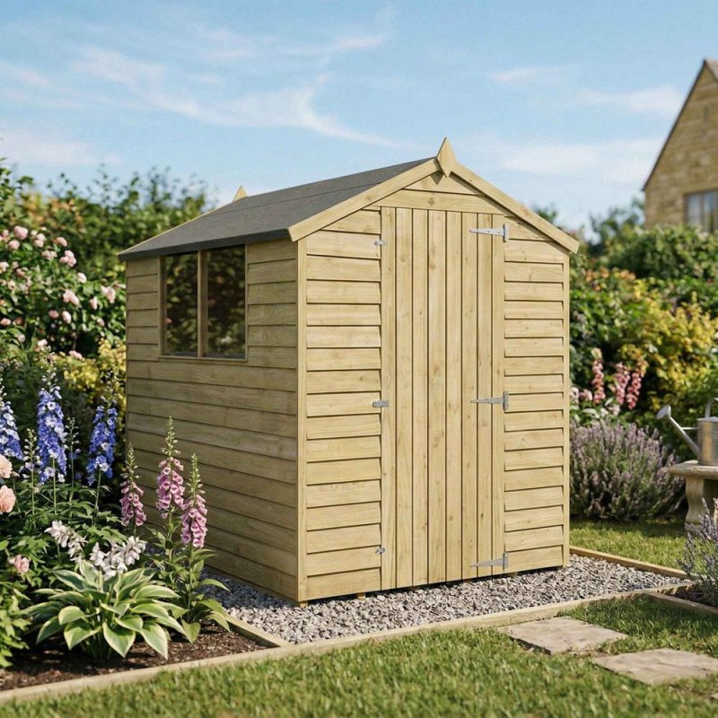 Mercia 7x5 overlap wooden shed in garden setting with single door and window