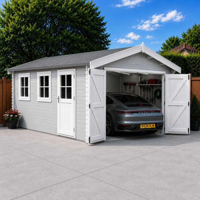 Exterior view of the large white Shire Bradenham log cabin wooden garage with wide double doors open, revealing a sports car parked inside, set on a concrete driveway with side windows and a side entry door.