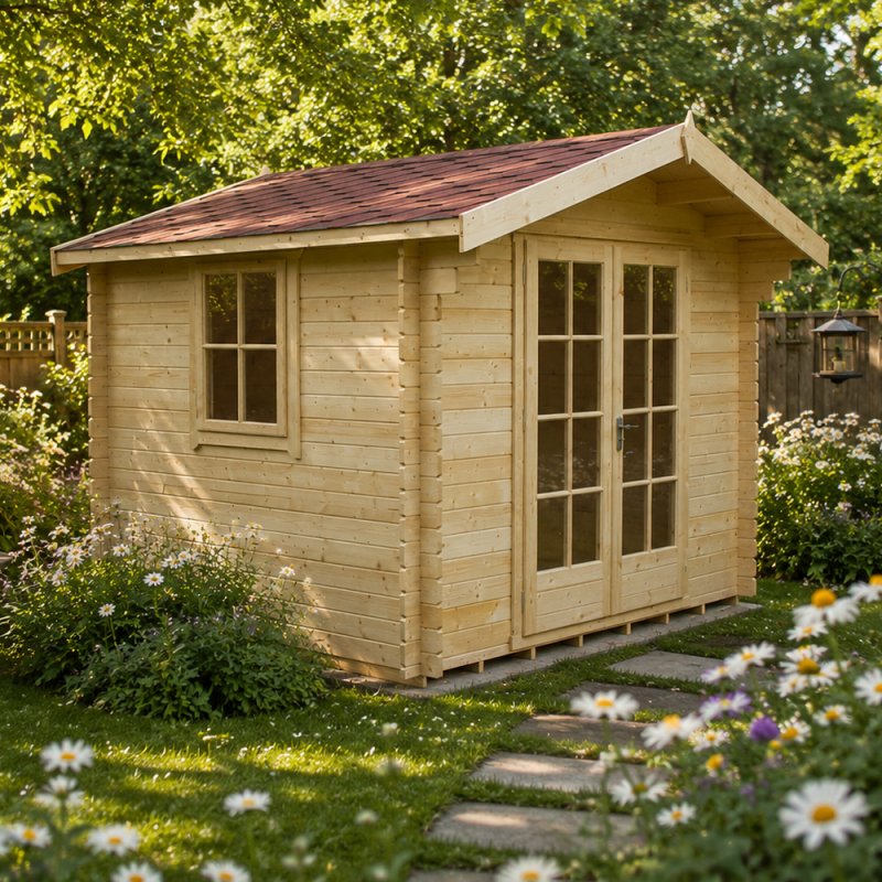 Exterior view of the natural timber Shire Dalby log cabin featuring double glazed doors, a side window, and a red felt apex roof, situated in a garden surrounded by white flowers and a stone stepping-stone path.