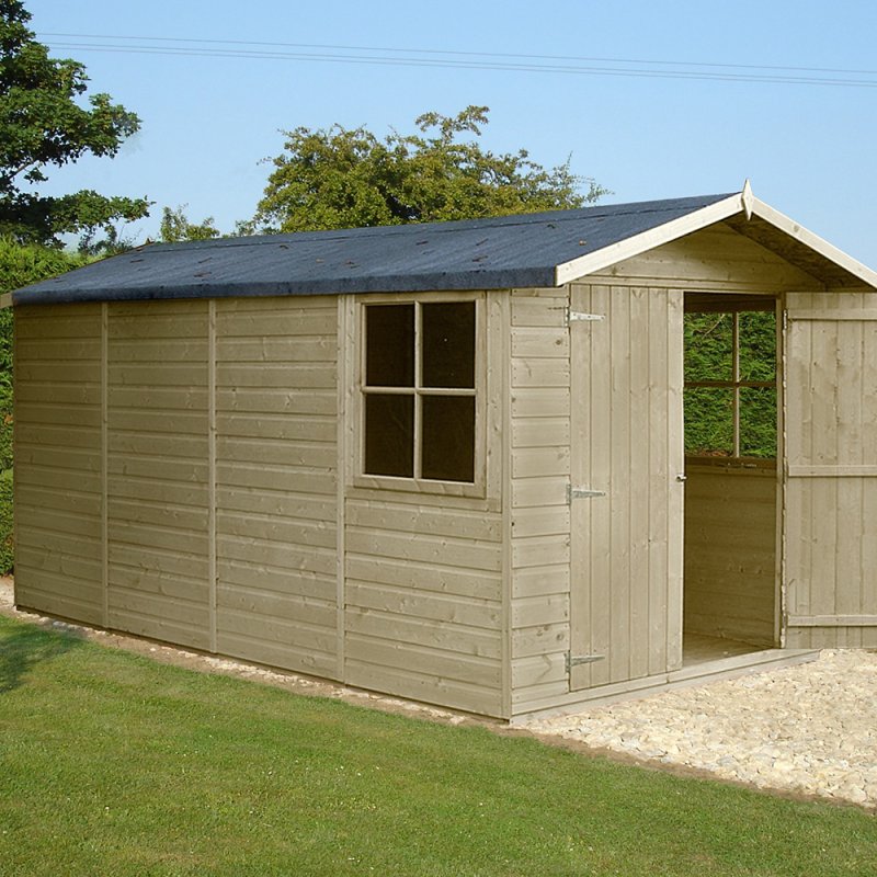 13x7 Shire Jersey Pressure Treated Apex Shed - in situ, angle view