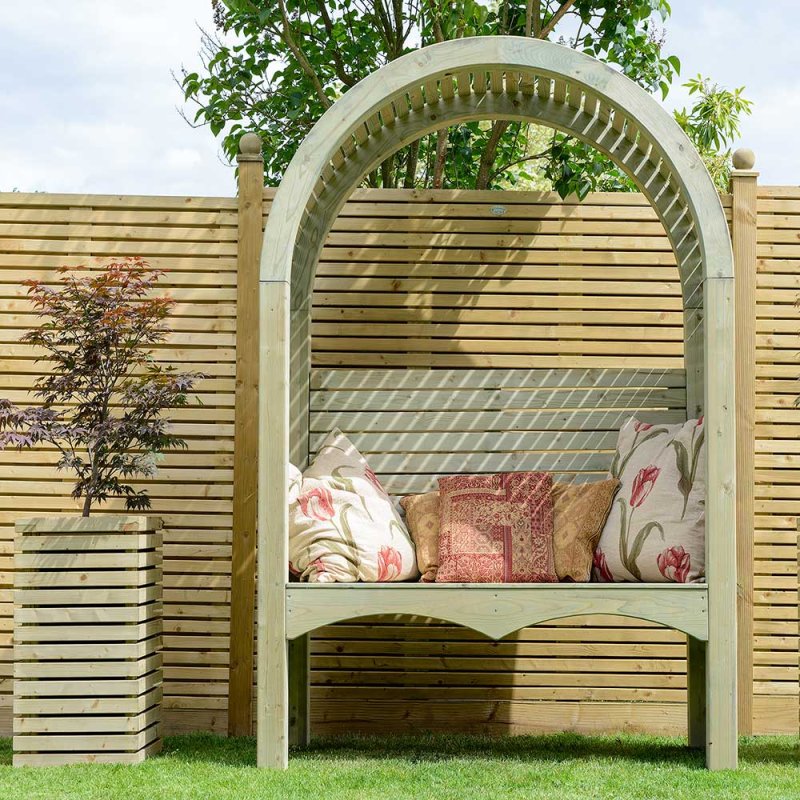 Grange Contemporary Garden Arbour - lifestyle front view with planter on the left