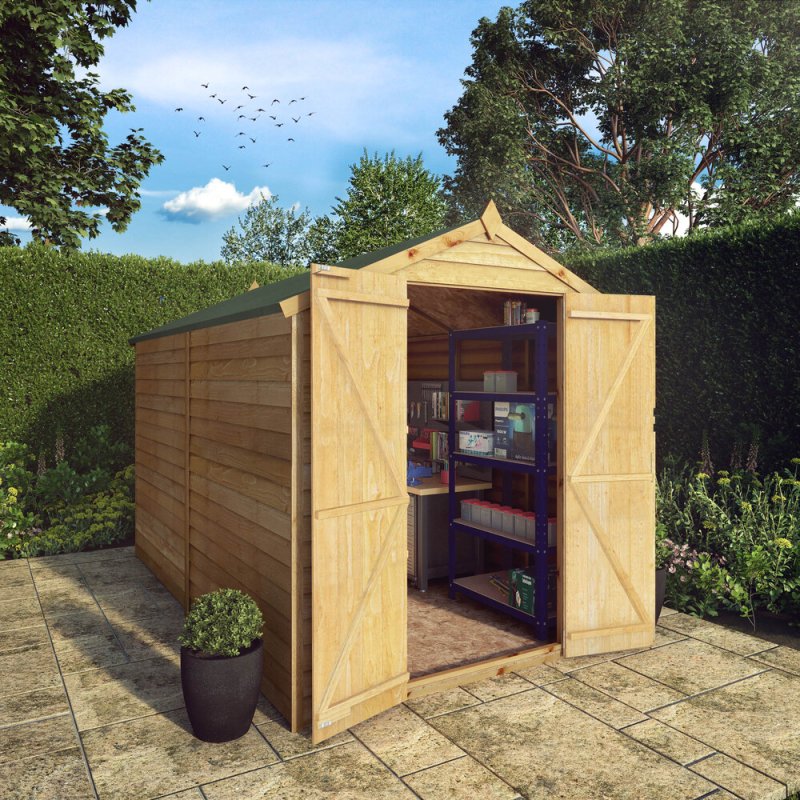 10x6 Mercia Overlap Shed - No Windows - in situ, angle view, doors open
