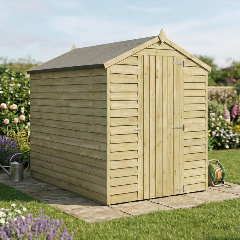 Angled front view of Mercia 7x5 overlap apex wooden shed with double doors in a garden setting.