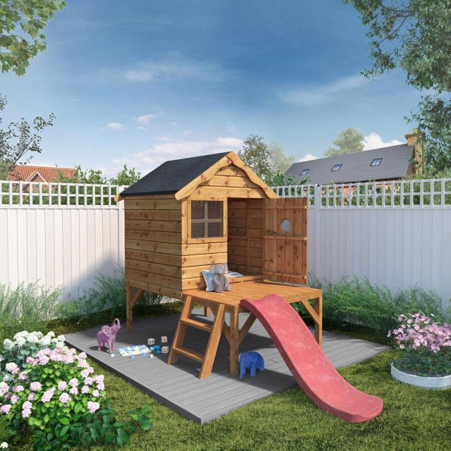 4 x 4 Mercia Snug Tower Playhouse with Slide - Side angle with door open