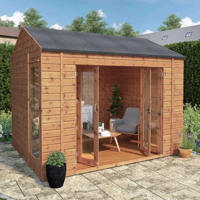 10 x 8 (3.00m x 2.39m) Mercia Vermont Summerhouse - in situ, angle view, doors open