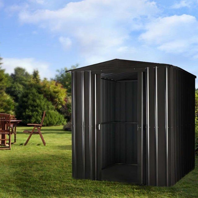 6 x 4 Lotus Apex Metal Shed in Anthracite Grey with doors open