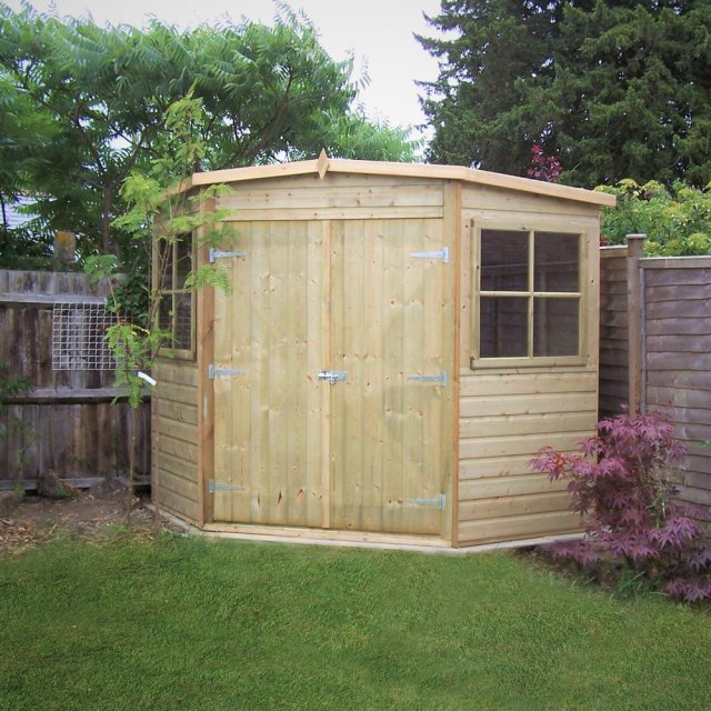 8 x 8 Shire Tongue and Groove Corner Shed - Pressure Treated - insitu with doors closed