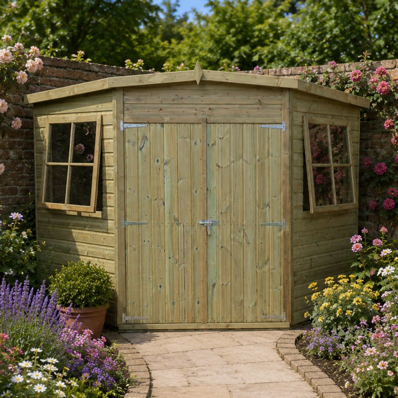 8 x 8 Shire Tongue and Groove Corner Shed - Pressure Treated - in situ, angle view
