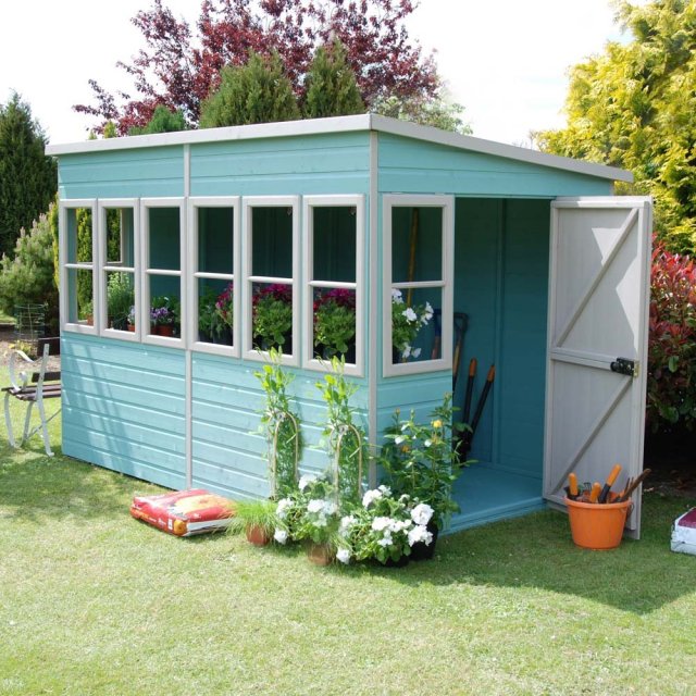10 x 10 Shire Sun Pent Shiplap Potting Shed - angled view