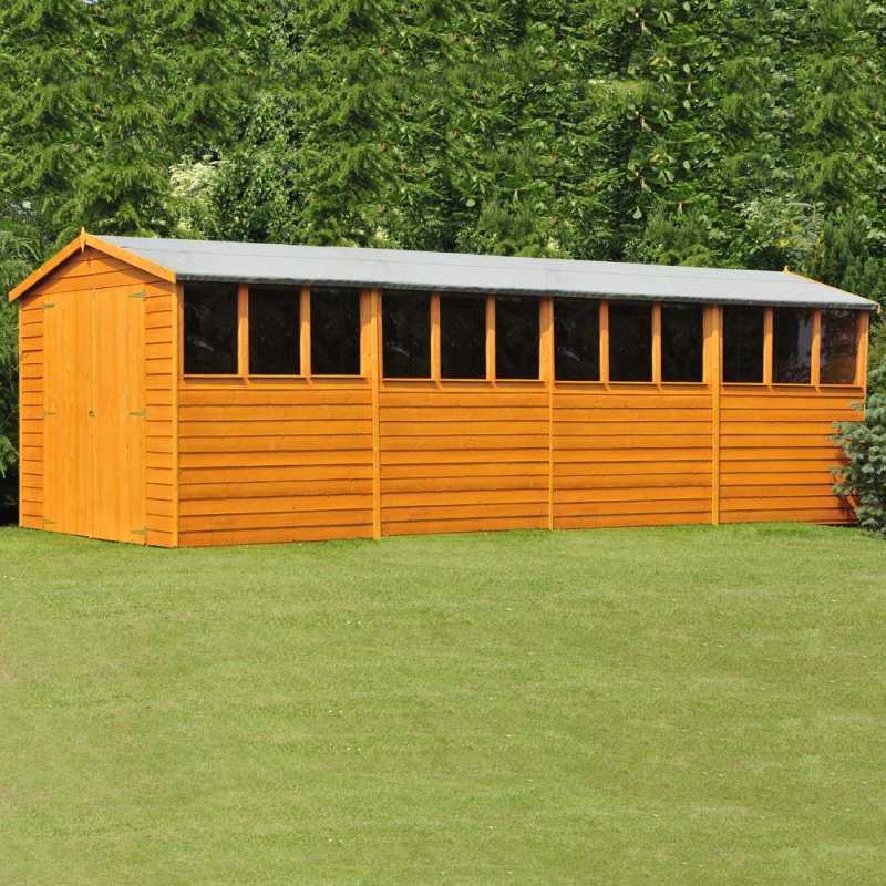 20x10 Shire Overlap Apex Workshop Shed with Double Doors - angle view, doors closed