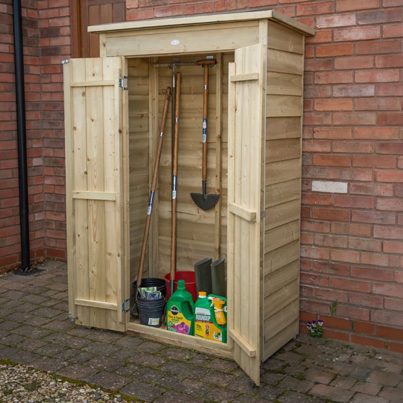 Forest Pent Tall Garden Store 3x2 with doors open showing garden tool storage