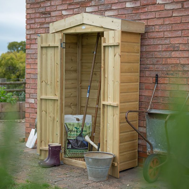Forest Shiplap Apex Tall Garden Store 3x2 with doors open showing garden tool storage
