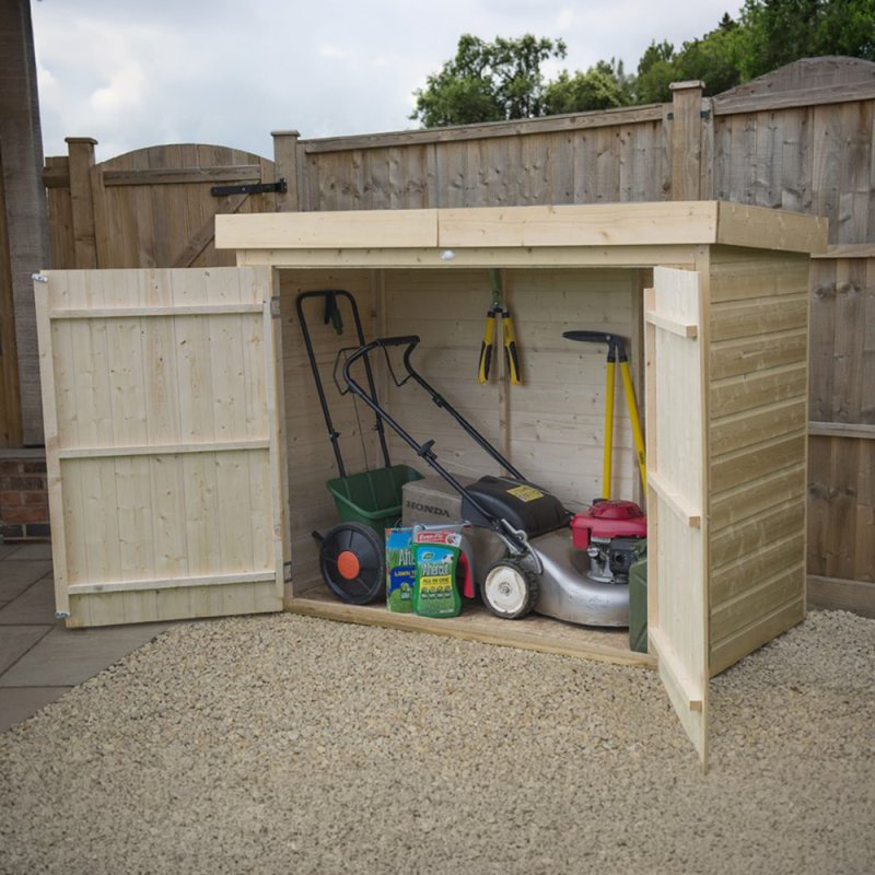 Forest Shiplap Pent Large Outdoor Store 6x3 with doors open showing garden tool storage