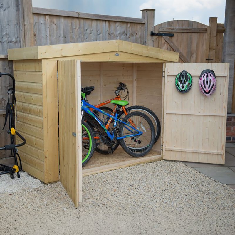 Forest Shiplap Apex Large Outdoor Store 6x3 with doors open storing bicycles and garden tools