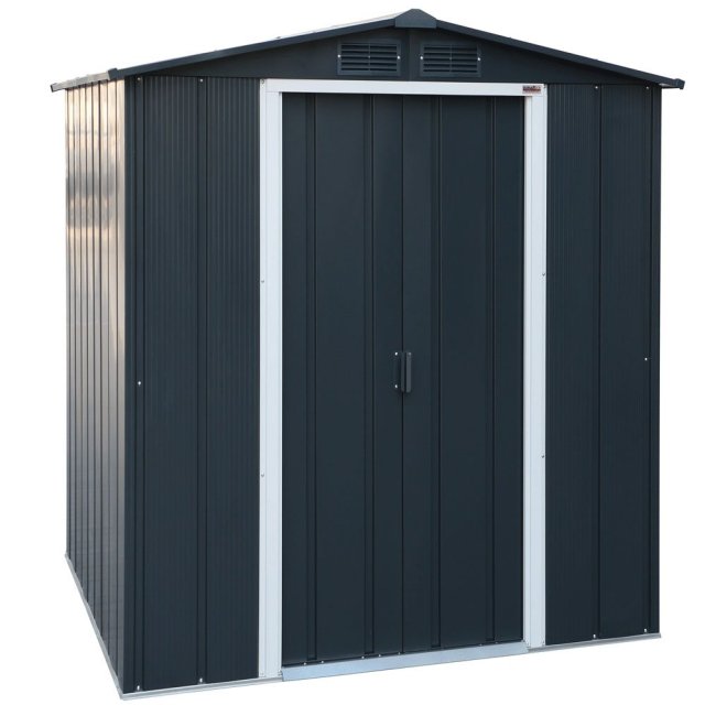 6x6 Sapphire Apex Metal Shed in Anthracite Grey - angled view with doors closed