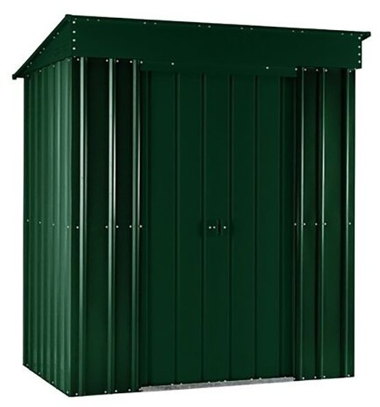 Isolated view of 5 x 3 Lotus Pent Metal Shed in Heritage Green with sliding doors closed