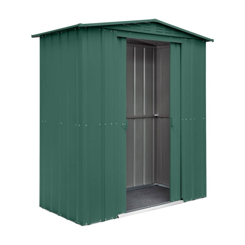 6 x 3 Globel Lotus Apex Metal Shed In Heritage Green - isolated angle view, doors open