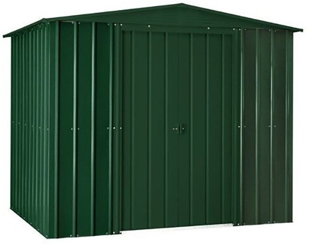 Isolated view of 8 x 3 Lotus Apex Metal Shed in Heritage Green with sliding doors closed