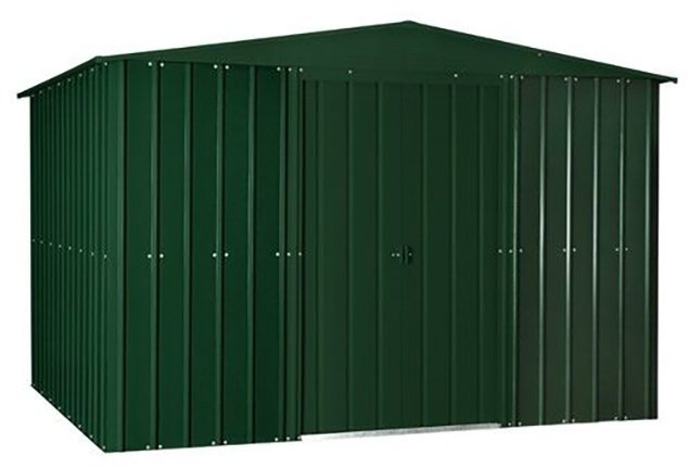 Isolated view of 10 x 8 Lotus Apex Metal Shed in Heritage Green with sliding doors closed