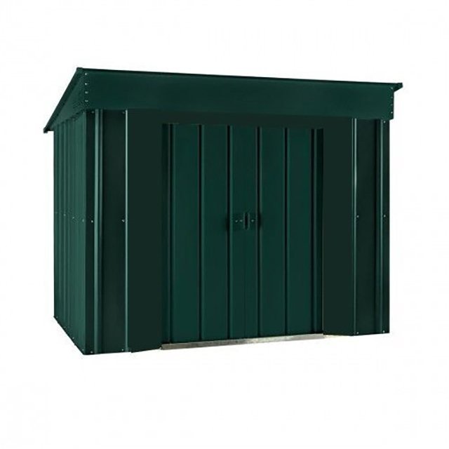 Isolated view of 6 x 4 Lotus Low Pent Metal Shed in Heritage Green with sliding doors closed