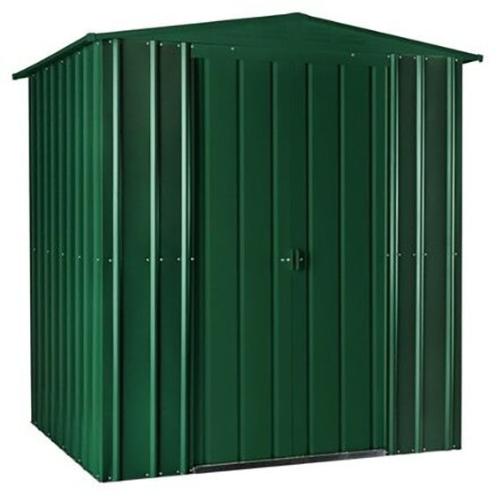 Isolated view of 6 x 5 Lotus Apex Metal Shed in Heritage Green with sliding doors closed