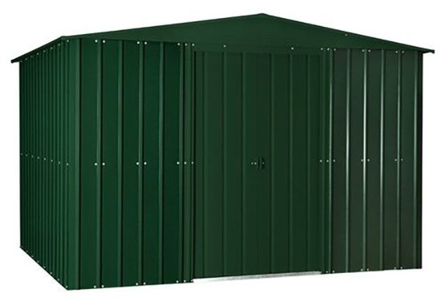 Isolated view of 10 x 12 Lotus Apex Metal Shed in Heritage Green with sliding doors closed