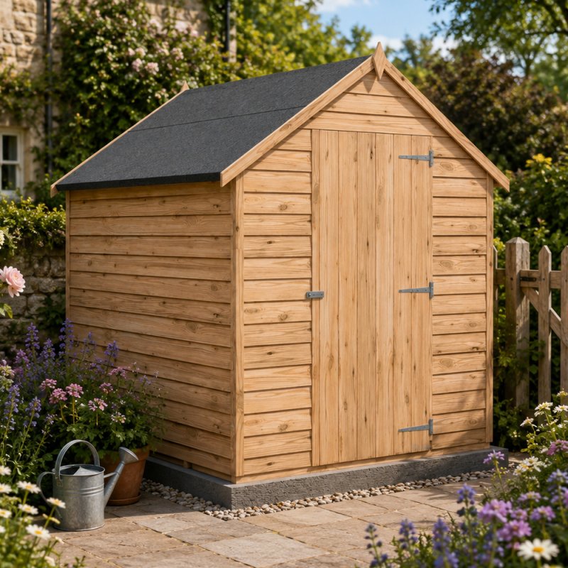 7x5 Shire Value Overlap Windowless Shed - in situ, angle view