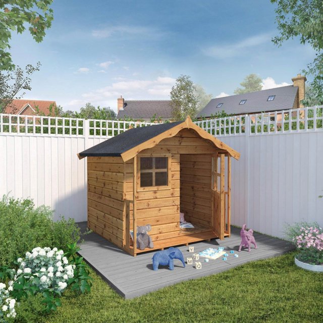 5 x 5 (1.49m x 1.51m) Mercia Poppy Playhouse - insitu with door open