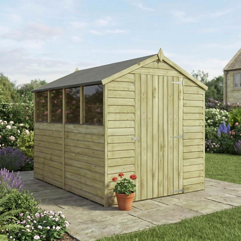 Mercia 8x6 overlap wooden shed with side windows in garden setting