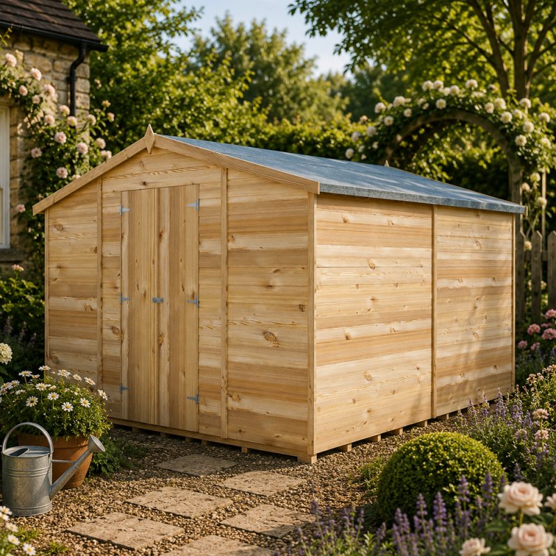 10 x 10 Shire Value Overlap Workshop Shed - No Windows - in situ, angle view, doors closed