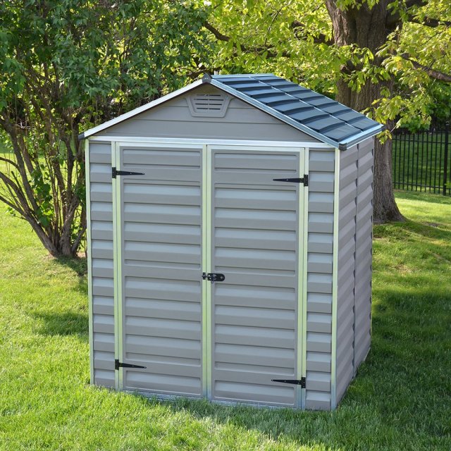 6x5 Palram Skylight Plastic Apex Shed -  Grey - with background and door closed
