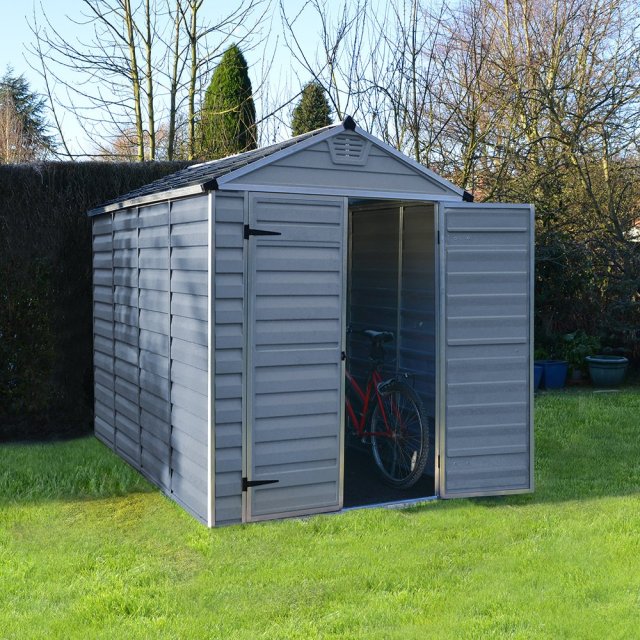 6x10 Palram Skylight Plastic Apex Shed - Grey - with background