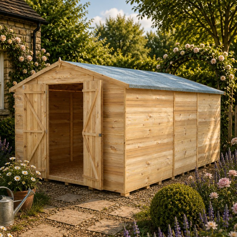 15x10 Shire Value Overlap Apex Workshop Shed - Double Doors - Windowless - in situ, angle view