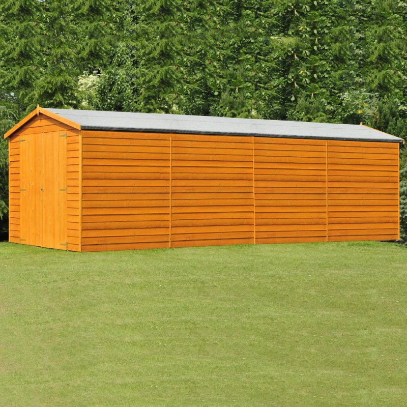 20x10 Shire Overlap Apex Workshop Shed - Double Doors - Windowless - in situ, angle view