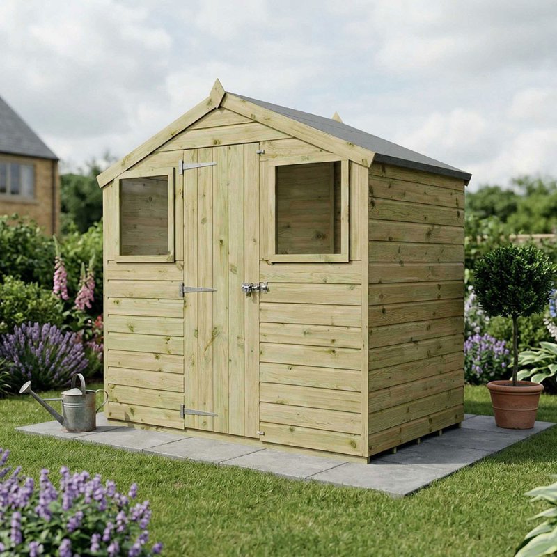 4 x 6 Mercia Shiplap Apex Shed - in situ - angle view - doors closed