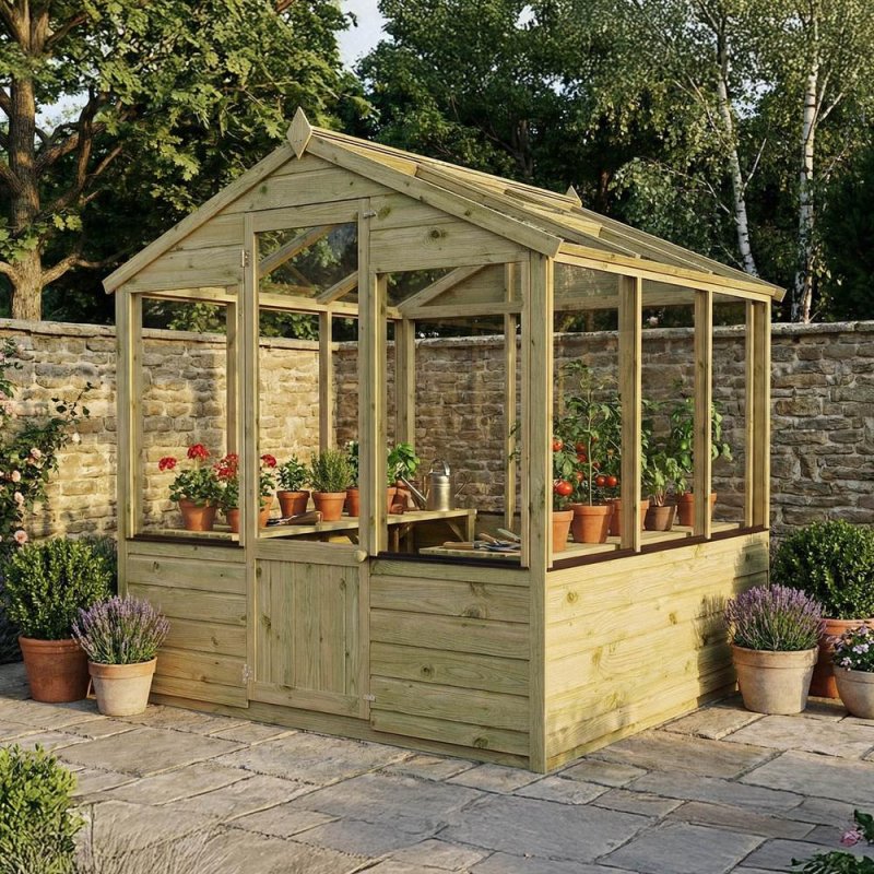 Mercia traditional 6x6 wooden greenhouse in garden setting with full glazing and timber base