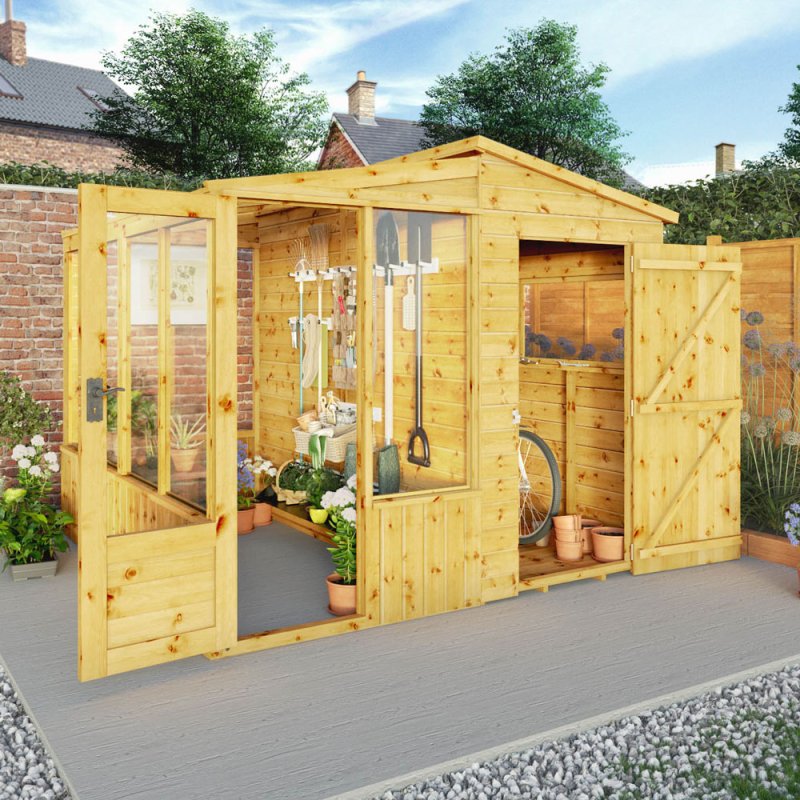 8 X 8 (2.49m X 2.53m) Mercia Premium Greenhouse And Shed Combi - in situ, angle view, doors open