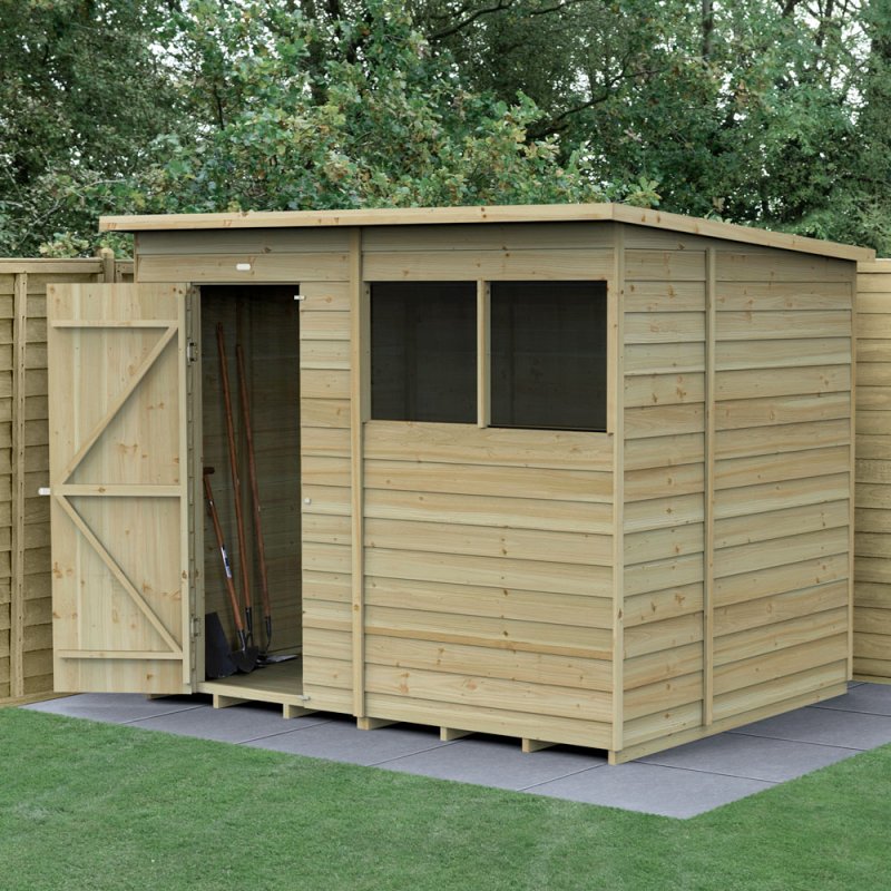 8 x 6 Forest 4Life Overlap Pent Wooden Shed - angled shed with door open