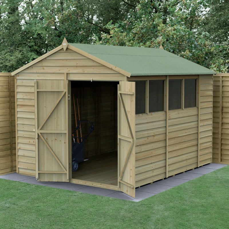 10 x 8 Forest 4Life Overlap Apex Wooden Shed with Double Doors - angled shed with door open