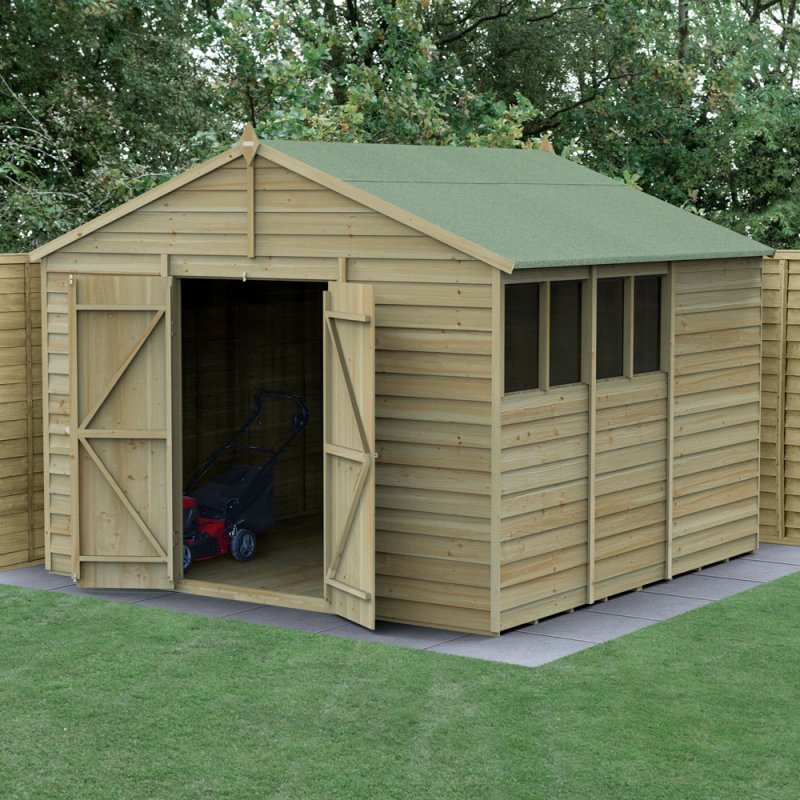 10 x 10 Forest 4Life Overlap Apex Wooden Shed with Double Doors - angled shed with door open