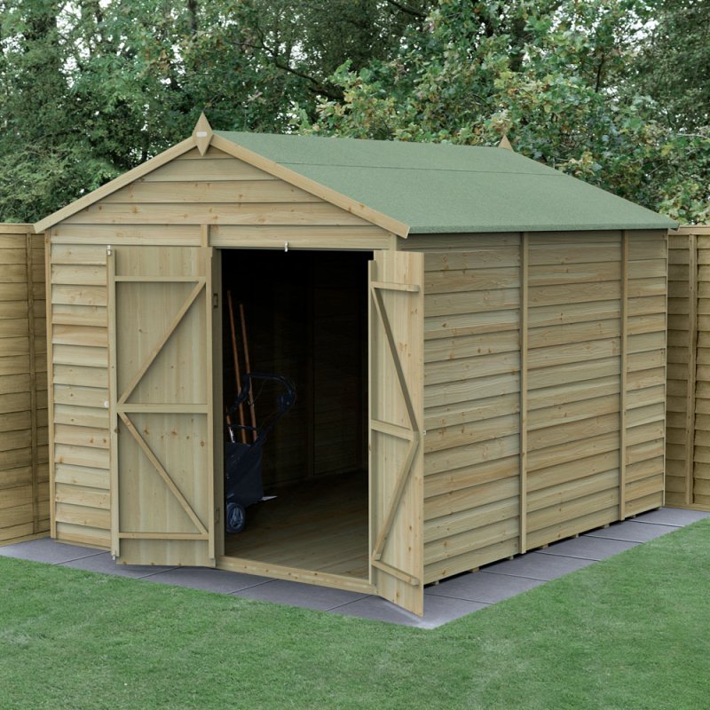 10 x 8 Forest 4Life Overlap Windowless Apex Wooden Shed with Double Doors - angled shed with door open