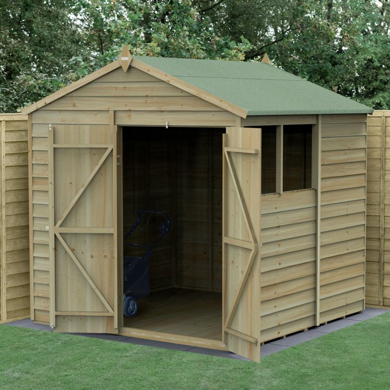 7 x 7 Forest 4Life Overlap Apex Wooden Shed with Double Doors - insitu  angle and with doors open
