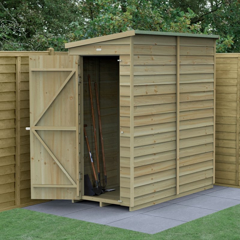 6 x 3 Forest 4Life Overlap Windowless Lean To Wooden Shed - in situ with door open
