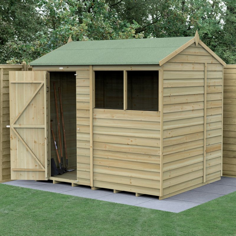 8 x 6 Forest 4Life Overlap Reverse Apex Wooden Shed - insitu and angled with door open