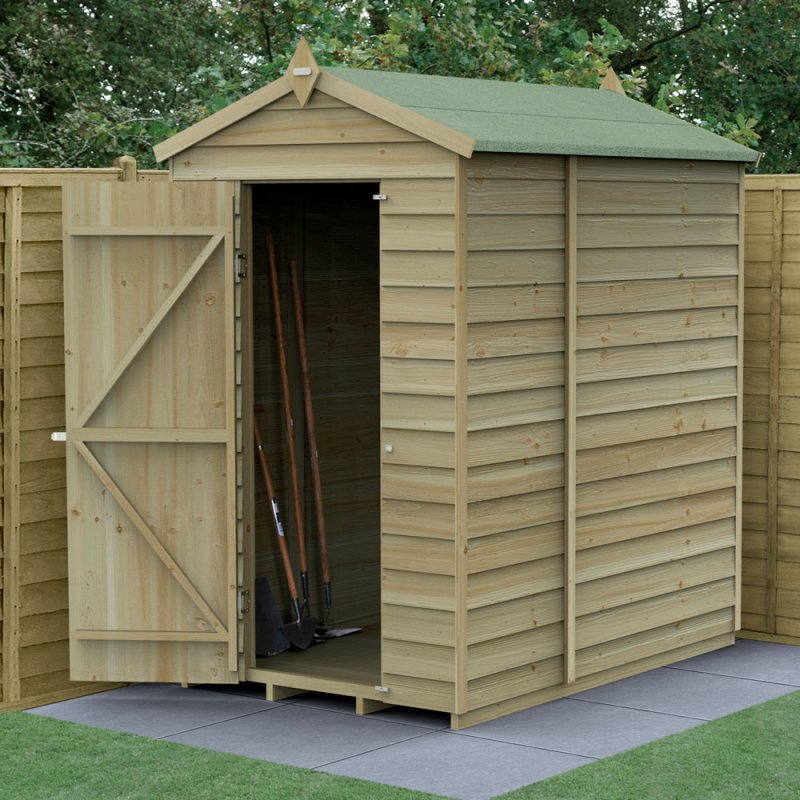 6 x 4 Forest 4Life Overlap Windowless Apex Wooden Shed - insitu angled with door open