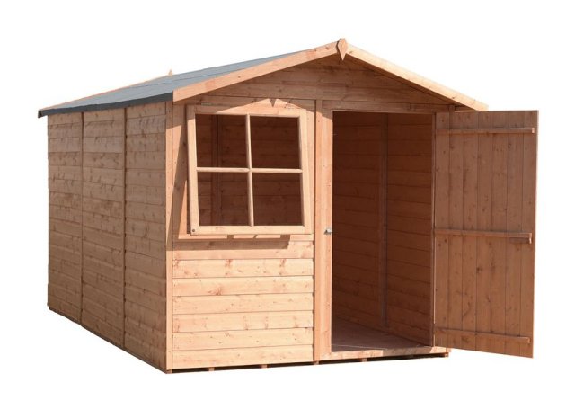 10x7 Shire Tongue and Groove Shed - isolated and angled with door open